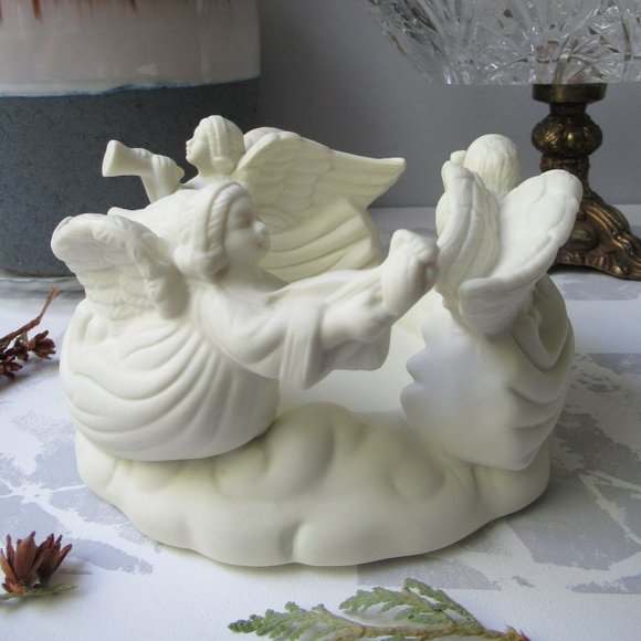 Other - Porcelain Biscuit Candlestick Trio of Angels 1990s